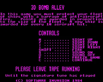3D Bomb Alley (1984)(Software Invasion) screen shot title